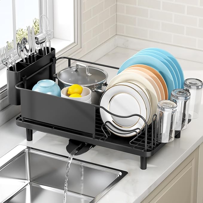 KINGRACK Dish Drainer, Stainless Steel Dish Rack, Dish Drying Rack with Anti-Rust Frame, Optional 2 Direction Spout Drain Board Design, Removable 4 Compartment Utensil Holder for Kitchen, Grey - Image 8