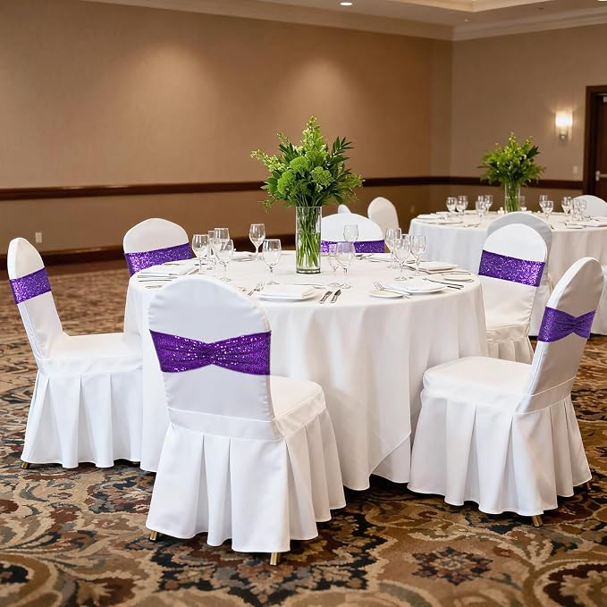 SquarePie Sequin Chair Sashes Bows 10 Pack Purple Shiny Chair Cover Bands for Wedding Banquet Party Decor - Image 8