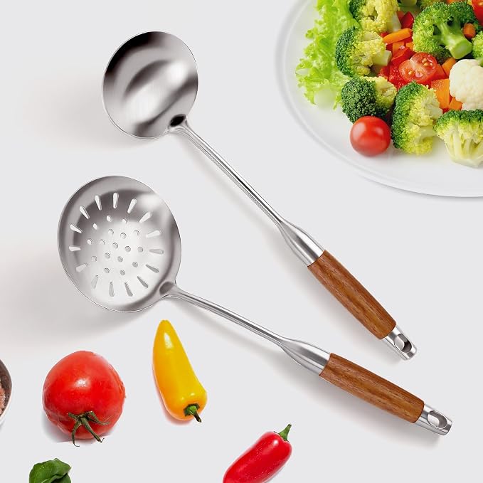 2PCS Soup Ladle Stainless Steel and Slotted Spoon Set, 304 Wok Utensils Set with Wooden Handle, Metal Strainer Spoon for Cast Iron/Carbon Steel Wok - Image 6