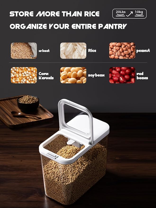 LivLab Mker 20-25 lbs Rice Dispenser with measuring spoon - Rice Container | 11.4Qt/12L Large Airtight Food Storage Rice Container for Cereal, Flour - BPA-Free PET, Slim Space-Saving - Image 9