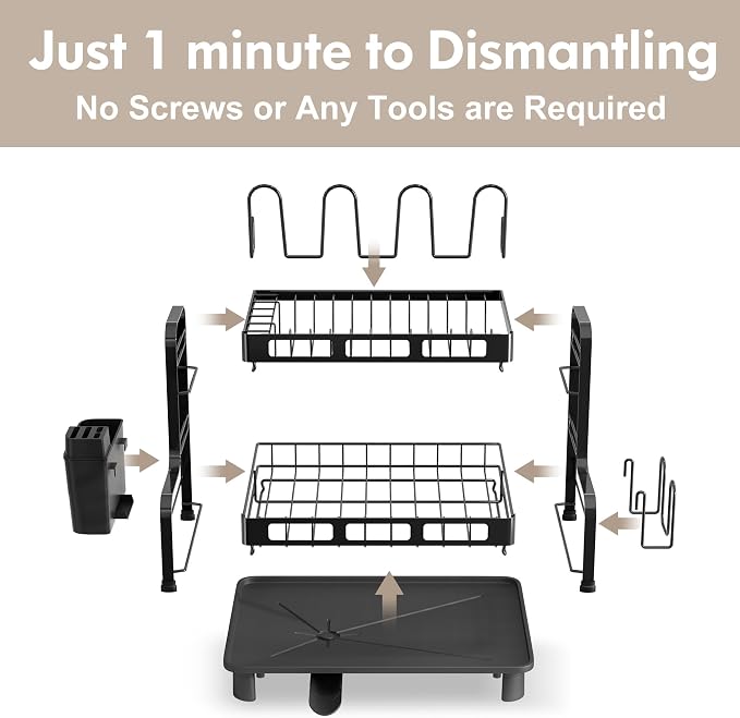 BOOSINY 2 Tier Black Dish Drying Racks for Kitchen Counter with Drainboard - Image 6