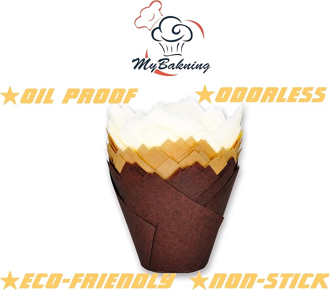 (JUMBO EXTRA LARGE size) Natural+Brown+White Tulip Baking Cups 2-1/4"(Base diameter) x 3-3/4"(Wall height) Greaseproof paper baking cupcake Muffin liners, Case of 130 pcs - Image 6