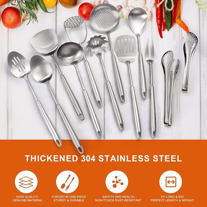 Stainless Steel Kitchen Utensils Set 18 10 Stainless Steel Cooking Utensils Set - 12 PCS Large Metal Cooking Utensil Tools Set - Image 6