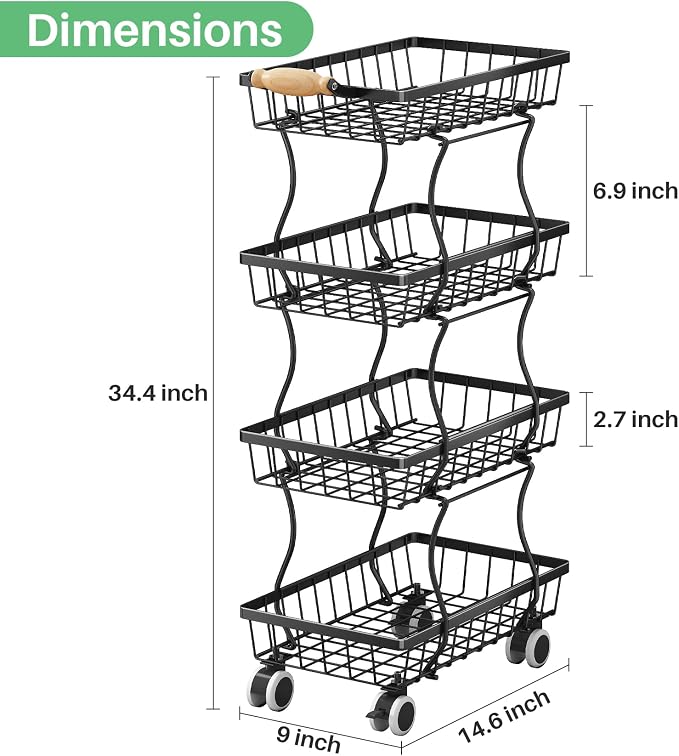 SAYZH 4-Tier Fruit Basket Stand with Vegetable Baskets for Kitchen, Black | Stackable Metal Wire Basket, Sturdy Rolling Storage Carts for Kitchen, Pantry Organizer, Snack and Jar Storage - Image 8