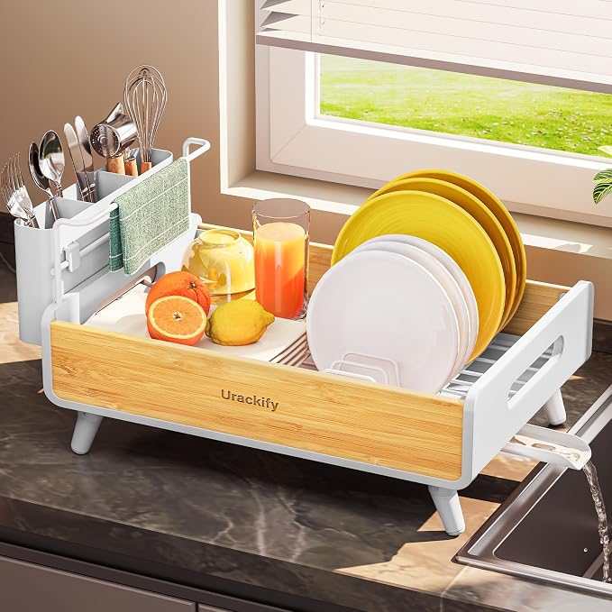 Urackify Bamoboo Dish Drying Rack for Kitchen Counter,Stainless Steel,White - Image 9