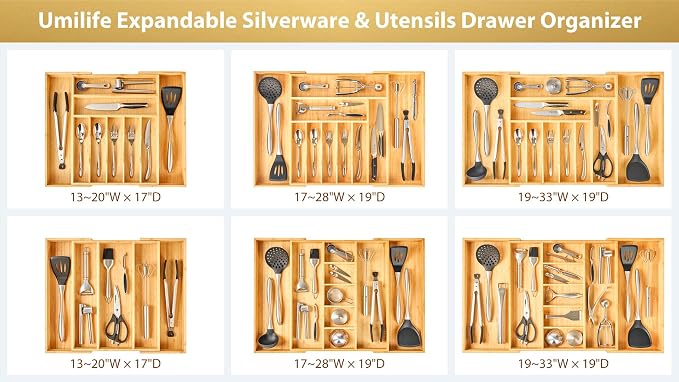 Umilife Large Expandable Kitchen Silverware Utensils Drawer Organizer, 2.5" Extra High Adjustable Drawer Divider with Curved Grooves, Bamboo Wood Cutlery Tray Flatware Holder - Image 7