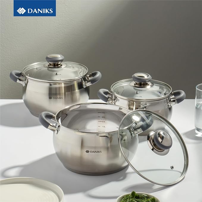 Daniks Modern 6-Piece Stainless Steel Cookware Set with Glass Lids, Tri-Ply Bases for Even Heating, Induction Compatible, Dishwasher Safe, Heatproof Handles - Image 9