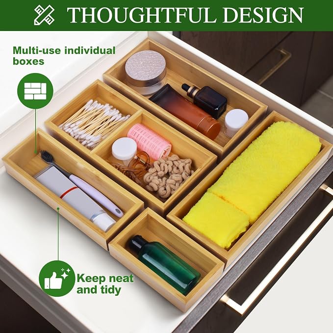 MapleGrace Bamboo Drawer Organizer Set, Individual Wood Storage Organizers - Image 6
