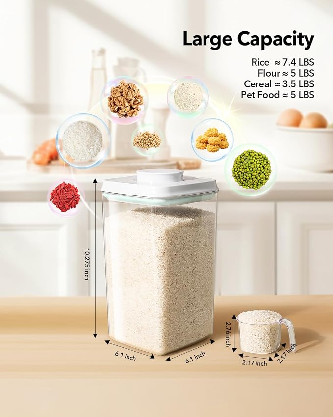 Ankou Airtight Food Storage Container with Pop Lid & 130ml Scoop, 4L/4.2qt *2 BPA-Free Cereal, Rice, Flour, Pasta & Snack Container, Stackable & Durable,Kitchen Pantry Organizer - Image 6