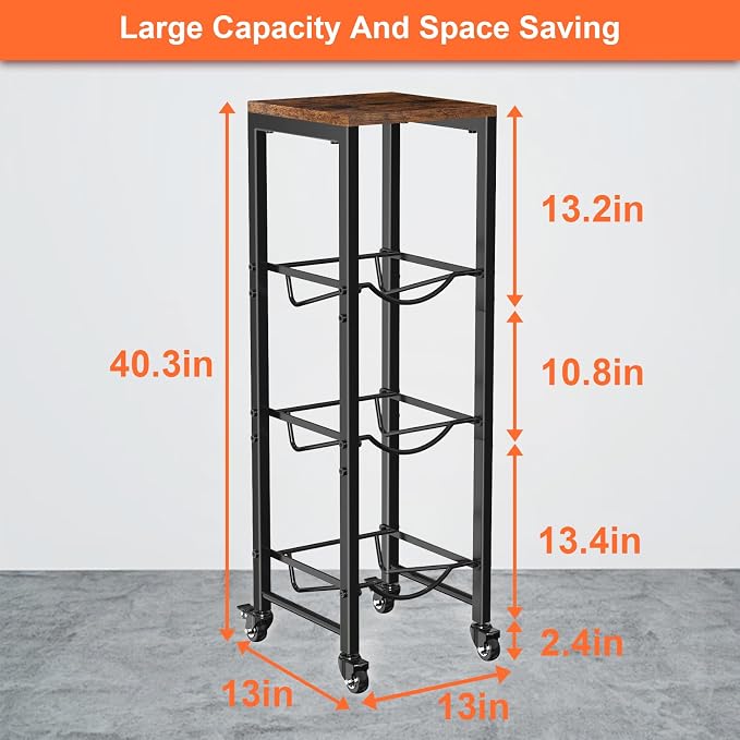 5 Gallon Water Bottle Jug Holder 3-Tier Water Bottle Holder Organizer with Lockable Casters Heavy Duty Water Storage Rack Water Dispenser Stand With Wood Top Shelf for Kitchen Office Garage Brown - Image 6