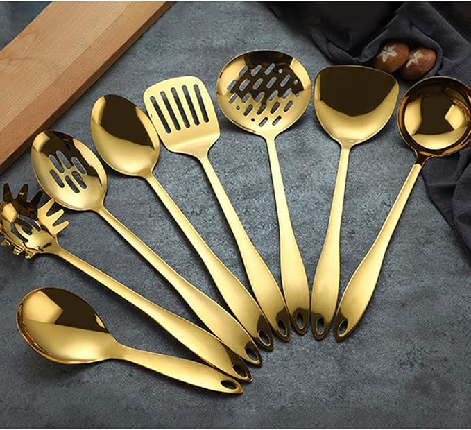 8 Piece Stainless Steel Kitchen Utensil Set Golden Nonstick Cooking Utenisls Titanium Plated Kitchen Tools Gadgets Slotted Spatula Spoon Turner Ladle Dishwasher Safe - Image 6