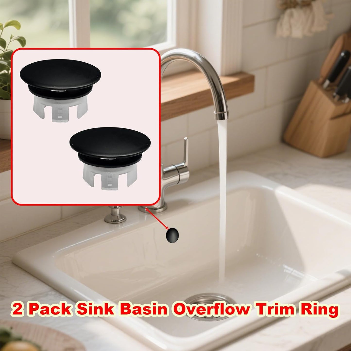 2 Pack Sink Basin Overflow Trim Ring,Solid Brass Bathroom Sink Trim Overfollow Cover,Bathroom Kitchen Sink Trim Overflow Cover Insert in Hole Round Caps(Black)