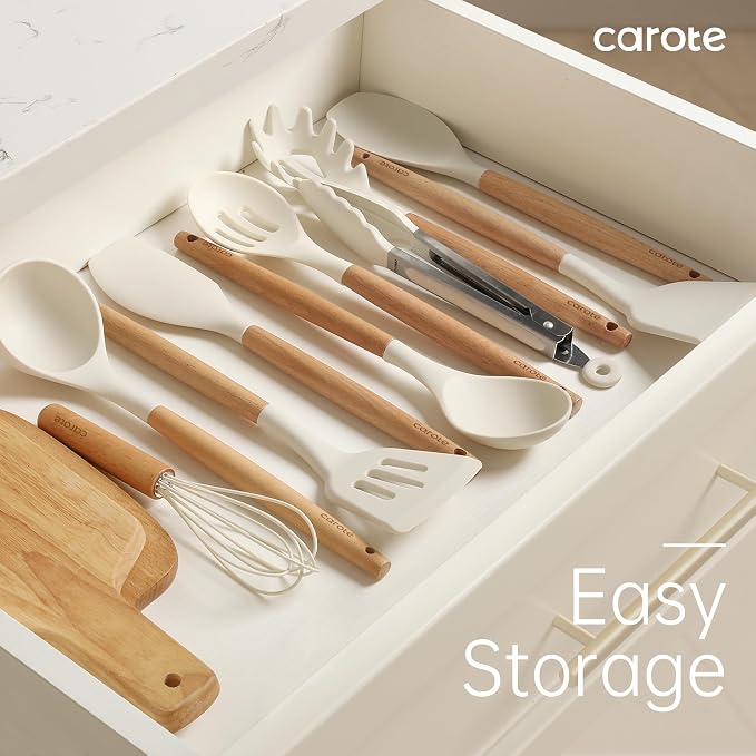 CAROTE Silicone Cooking Utensils Set, Kitchen Utensils Set 10 Pcs for cooking, BPA Free Spatula Set with Heat Resistant Wood Handles for Nonstick Cookware (Cream White) (Pack of 2) - Image 8