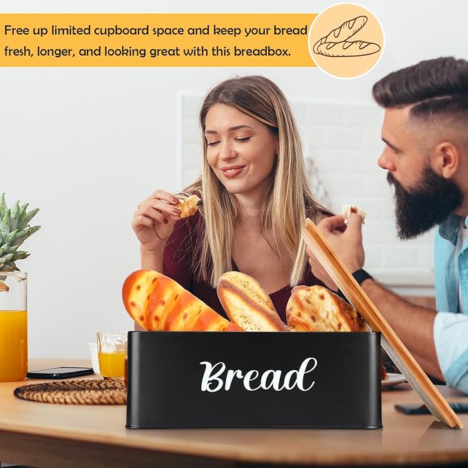 Hushee Metal Bread Container Butter Dish with Bamboo Lid Knife,Black | Butter Tray with Spreader Knife, Bread Box Bamboo Board Top, Storage Organizer for Kitchen Countertop Decor Keeps Fresh - Image 6