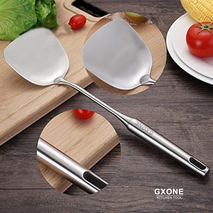 Wok Spatula,Stainless Steel,Long Handle Wok Utensils,Silver/14.7Inch - Image 5