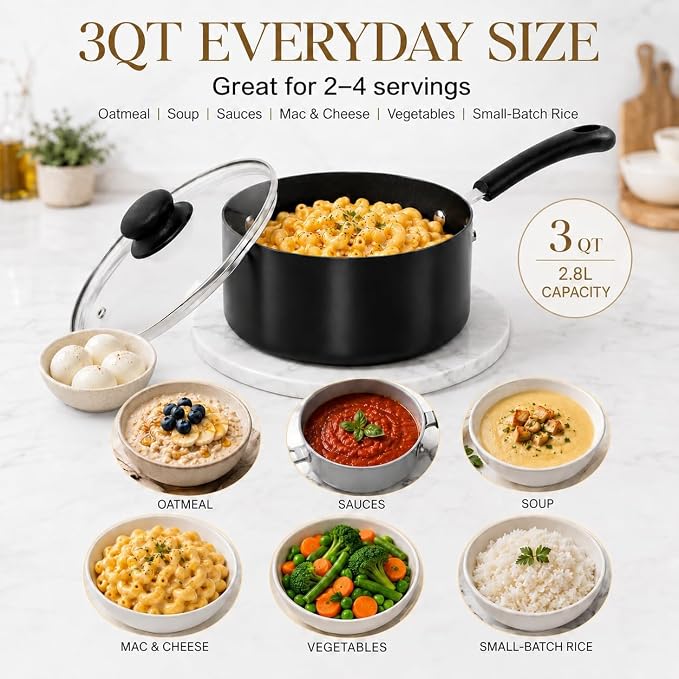 MICHELANGELO Nonstick Saucepan with Lid, Ceramic Sauce Pan Sets, Easy to Clean Sauce Pans, Multi-Purpose Cooking Pots, 3QT, Black - Image 8