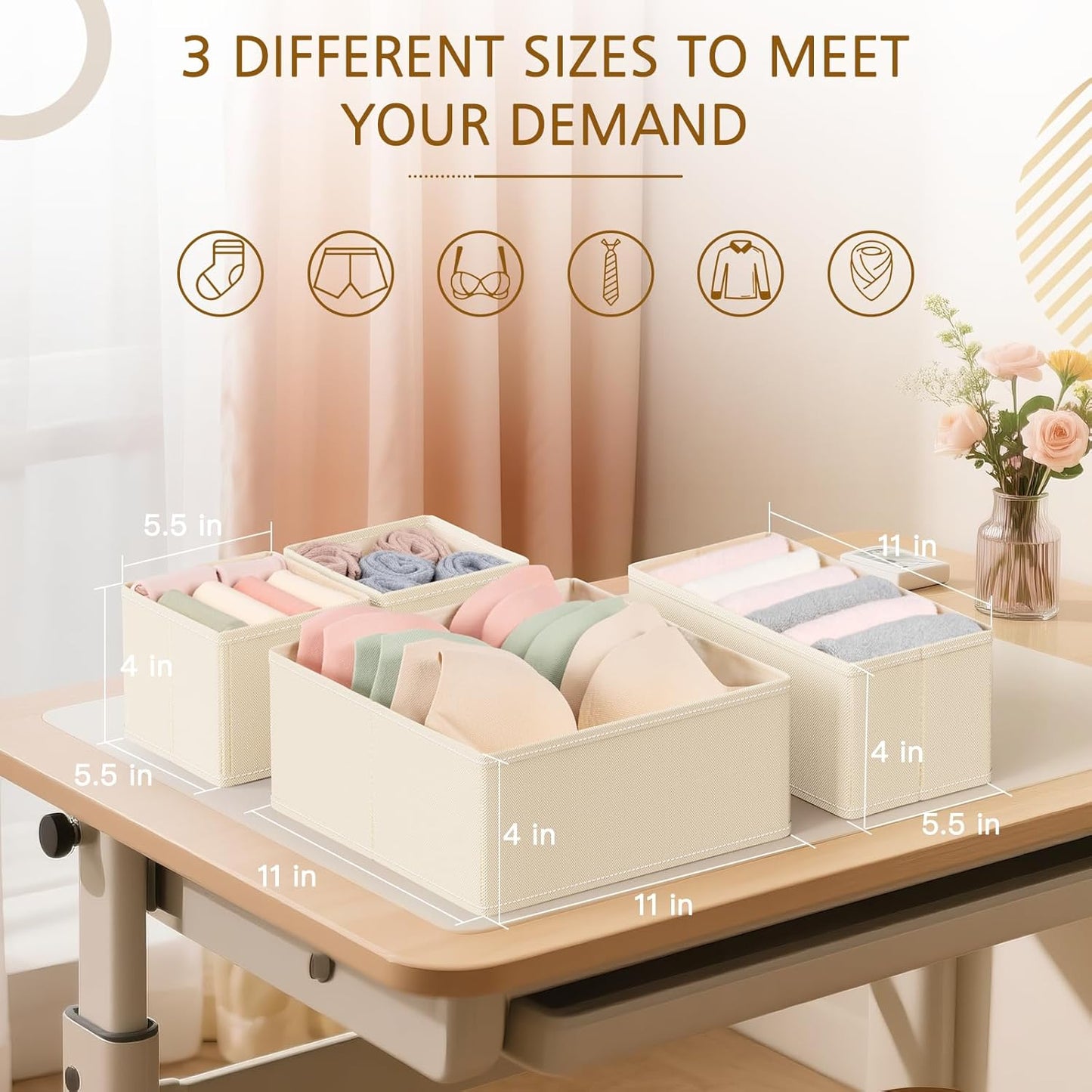 Criusia 15 Pack Drawer Organizer for Clothes, Foldable Dresser Dividers with 3 Sizes, Fabric Storage Bins – Beige