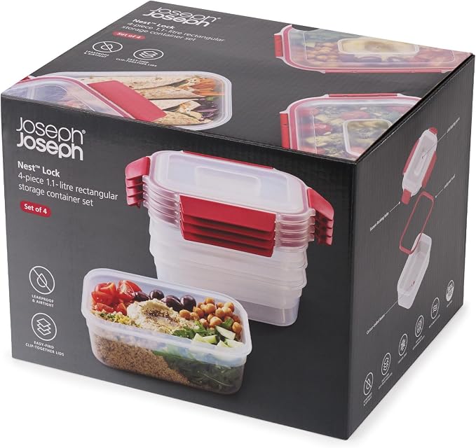 Joseph Joseph Nest Lock 8-piece Plastic BPA Free Food Storage Container Set with Lockable Airtight Leakproof Lids - Red - Image 7