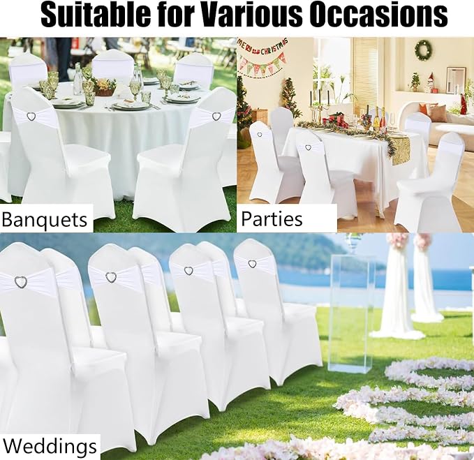 White Spandex Chair Sashes 50 Pack Spandex White Sashes for Chairs Covers Universal Stretch Chair Sashes Band with Heart Buckle Slider Sashes Bows for Wedding Banquet Party Decorations - Image 6