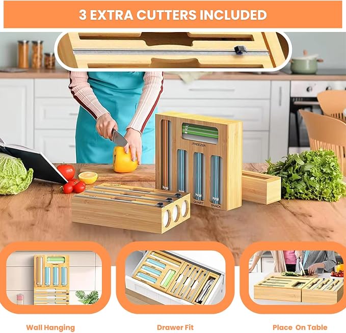 Storage Bag Organizer for Kitchen Drawer, Foil and Plastic Wrap with Cutter, Organizers Compatible Gallon, Quart, Sandwich Snack Size 9 in 1 - Image 7