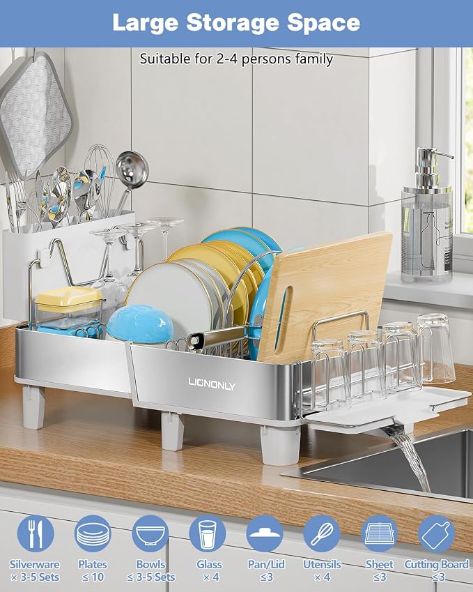 304 Stainless Steel Expandable Dish Drying Rack with Drain Spout, White - Image 8