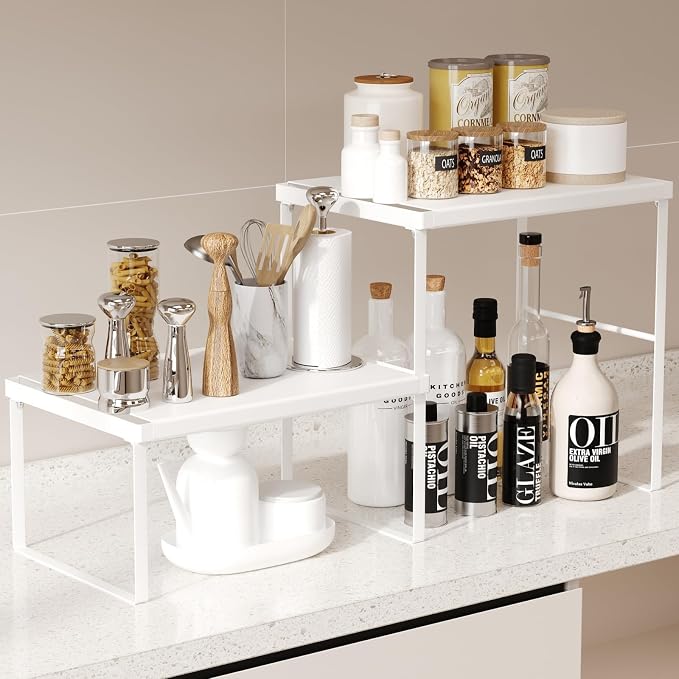 Kitchen Counter Oganizer Stackable Spice Rack for Countertop Kitchen Countertop Organizer Heavy Duty Kitchen Counter Shelf Metal Spicy Shelf for Countertop (2 Pack, White) - Image 9