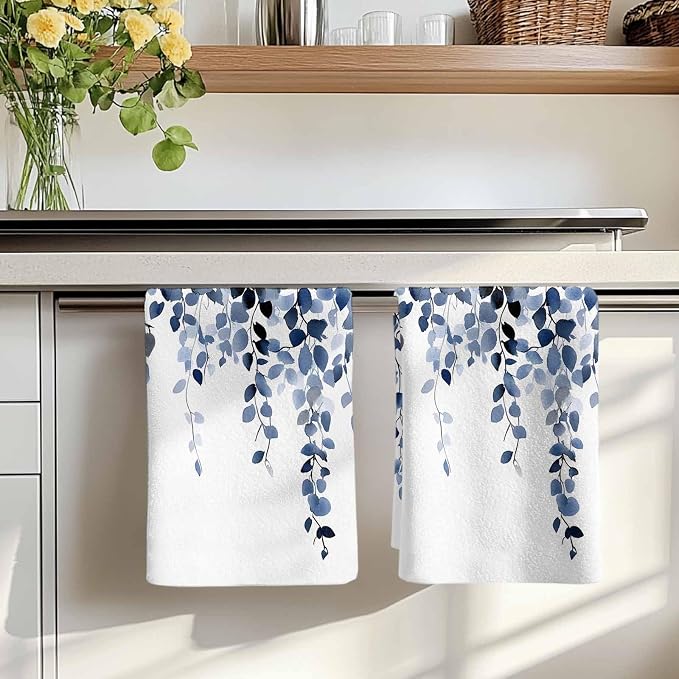 Blue Eucalyptus Kitchen Towels Set of 2, Absorbent Dish Towels for Kitchen, Spring Summer Botanical Plants Chic Microfiber Hand Towel, Quick Drying Tea Towel for Cleaning Decorative Dishcloths - Image 7