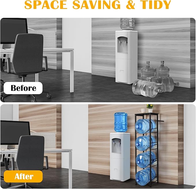 BTY Water Jug Rack 5 Gallon Water Bottle Holder with Storage Shelf 4 Tier Heavy Duty Water Jug Organizer Stand for Home Office Kitchen Living Room Breakroom, Black - Image 8