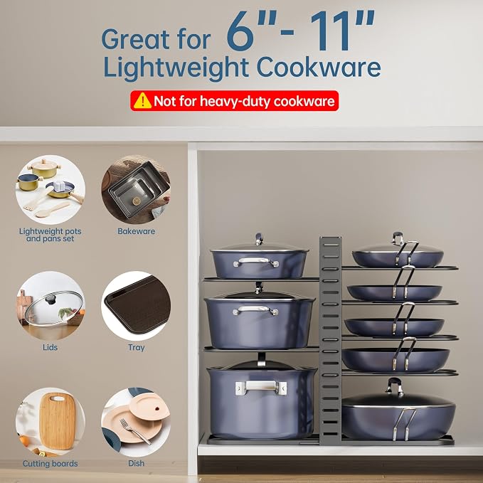 ORDORA Pots and Pans Organizer Under Cabinet 14.6", 8-Tier Adjustable Rack - Image 8