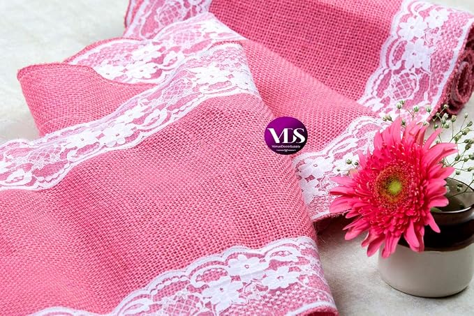 VDS Pack of 25, Burlap Table Runner with White Lace Edge, 100% Natural Jute Rustic Hessian Table Cloth Centerpiece for Wedding Birthday Party Banquet Table Decoration (Size 12X108 Inch)(Pink) - Image 6