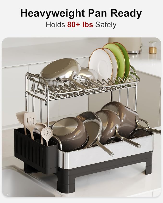 BOOSINY 2 Tier Large Stainless Steel Dish Drying Rack with Drain Board - Image 8