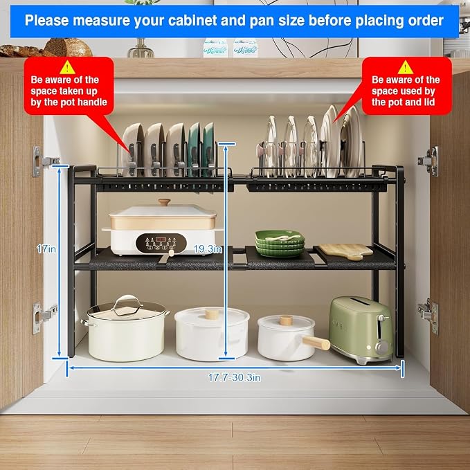 Mustorn Pots and Pans Organizer Under Cabinet, Expandable 1 Tier Under Sink Organizers and Storage Adjustable Height Kitchen Pot and Pan Lid Holder Rack with 6 Dividers Under Cabinet Shelf(Black) - Image 7
