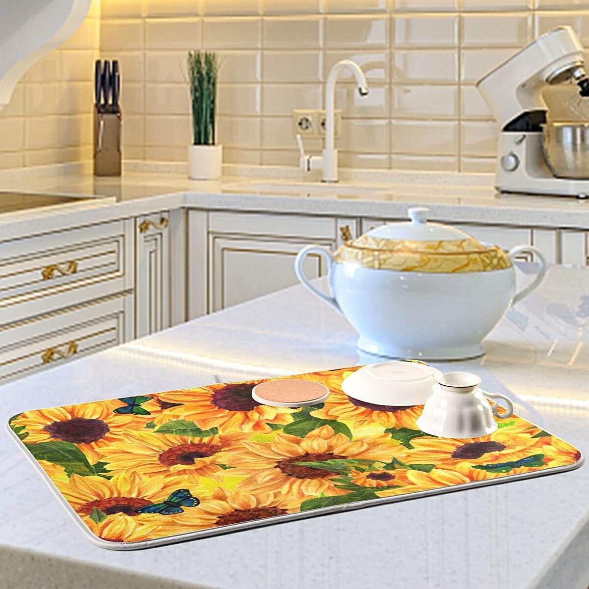 Super Absorbent Dish Drying Mat, Microfiber Fast-Drying Dish Mat, 16" x 18", Kitchen Dish Drying Pad, Sunflowers And Green Blue Butterflies