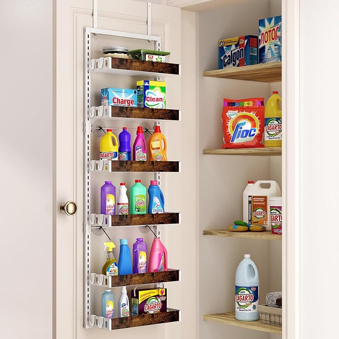 bukfen Over the Door Pantry Organizer, 6-Tier Adjustable Wooden Basket Kitchen Pantry Door Organization and Storage, Heavy-Duty Metal Hanging Kitchen Spice Rack,D6.3 x W17.71 x H50.60 inch,White - Image 9