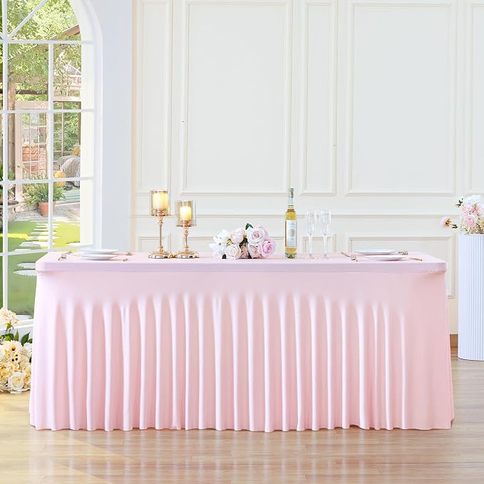 Besutolife 2 Pack Pink Spandex Table Cloth for 6ft Rectangle Tables, Wrinkle Free Spandex Table Covers 6ft, Stretch Tablecloth with Skirt for Banquet Parties Wedding Decorations - Image 9