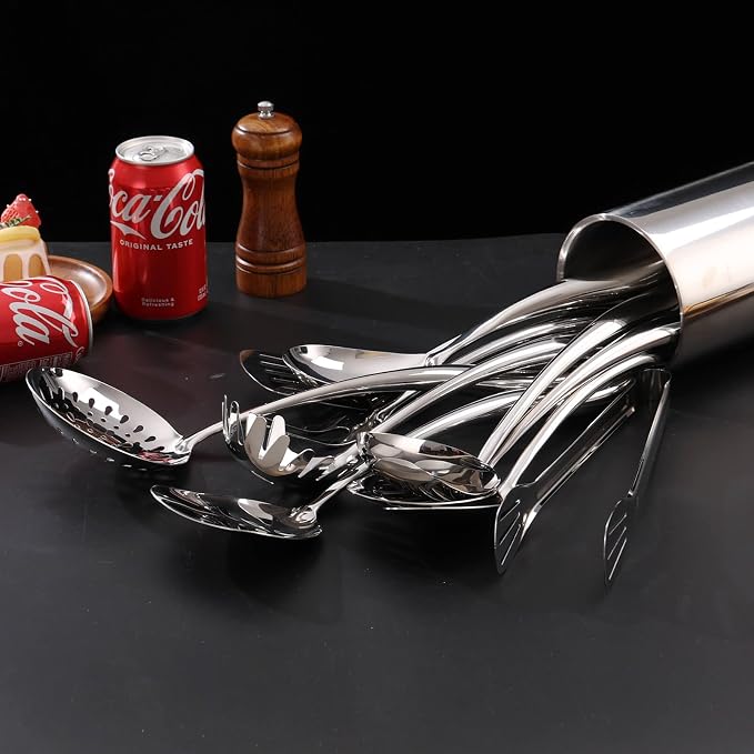 18/10 Stainless Steel Kitchen Utensils Set with Holder for Countertop | 15″ Spatula Spoon Set with Storage Organizer, 12-Pieces, Fork, Tongs, Spatula, Ladle, Skimmer, Turner, Spaghetti, Large Spoon - Image 8