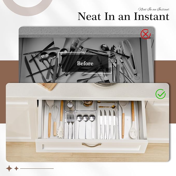 Criusia 14 PCS Clear Plastic Drawer Organizer Set - 5 Large Size Versatile Kitchen and Bathroom Organizer Trays, Non-Slip Storage Bins for Makeup, Utensils, Tool and Office Desk - Image 8