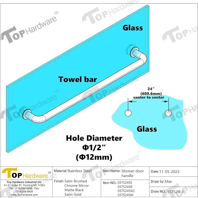 Stainless Steel 304 Grade 24" inch Shower Glass Door Single Side Round Shape Towel Bar for 1/4~3/4" Thickness Glass (SSTS24) (Matt Black) - Image 6