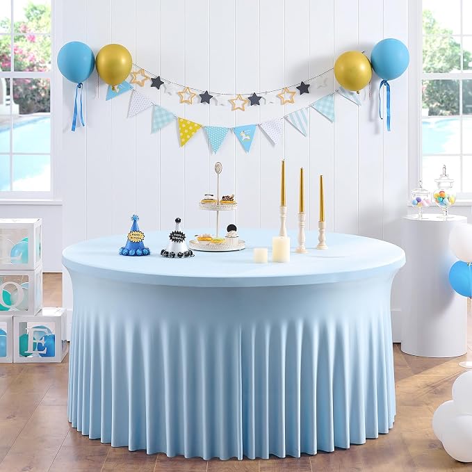 8 Pack Spandex Baby Blue Round Tablecloths for 60in Table, 120inch Stretchy Fitted 5FT Round Table Cloths, Wrinkle Free Table Cover with Skirt for Wedding Birthday Party Baby Shower Banquet - Image 6