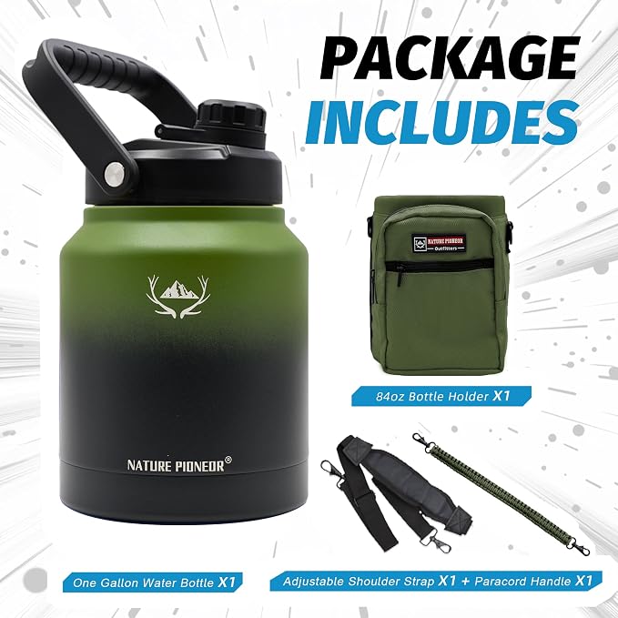 NATURE PIONEOR 84 oz Insulated Water Bottle Jug with Carrier Bag | 18/8 Food-grade Stainless Steel, Double Vacuum Insulation, Wide-Mouth, Straw & Spout Lid, Strap, Camping, Hiking, Gym, Work - Image 8