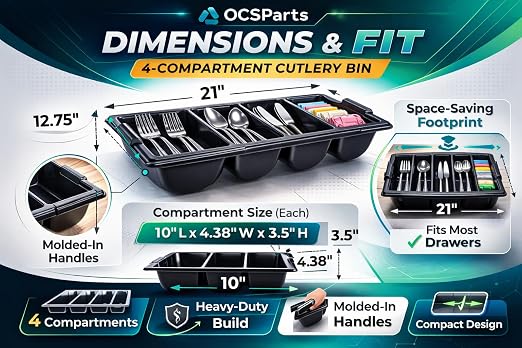 OCS Parts 6-Pack 4-Compartment Cutlery Bins | Black | Heavy Duty Silverware and Cutlery Organizer Trays for Kitchen Organization, Dishes, and Drawer Organization - Image 7