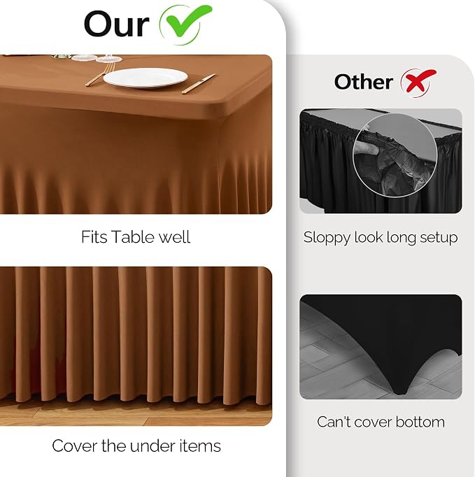 Wish Care 6 Pack Brown Spandex Table Clothes for 8 Foot Rectangle Tables, 8FT Wrinkle Free Fitted Tablecloths Ruffles Design Table Cover for Party, Banquet, Wedding and Events - Image 8