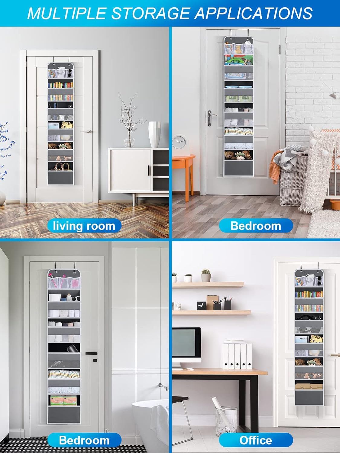 Over the Door Organizers - 6 Shelf Hanging Door Organizer with Large Pockets, Anti Tilt 44 lb Load Behind Door Organizer for Bedroom,Nursery,Bathroom,Kitchen,Dorm,Shoe - 1 Pack,Grey