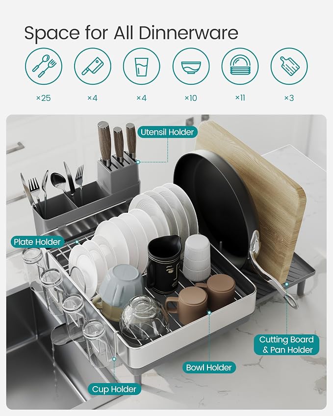 SONGMICS Dish Drying Rack, Expandable Stainless Steel, with Rotatable Spout - Image 6
