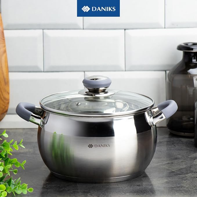 Daniks Modern 2 Quart Stainless Steel Stock Pot with Glass Lid, Tri-Ply Bottom for Even Heating, Induction Compatible, Dishwasher Safe, Heatproof Handles - Image 8