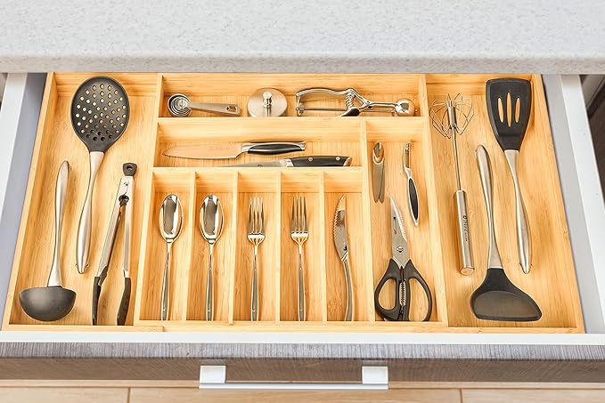 Umilife Extra Large Expandable Kitchen Siverware Utensils Drawer Organizer, 19" Deep for Big Drawer, Adjustable Bamboo Wood Drawer Divider with Curved Grooves, Cutlery Tray Flatware Holder - Image 6