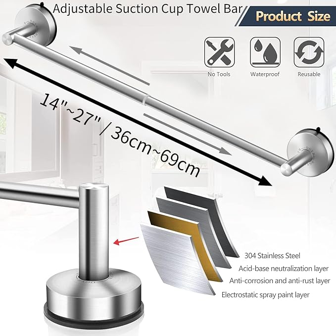 DGYB Adjustable Suction Cup Towel Bar for Bathroom 14-27 Inch Brushed Towel Rack No Drill Removable Shower Towel Holder for Glass Door - Image 6