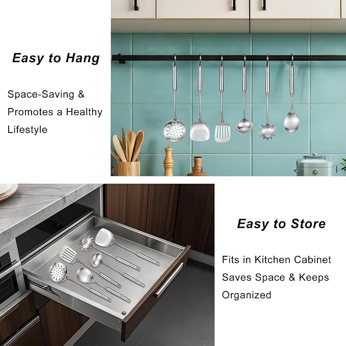 304 18/10 Stainless Steel Kitchen Utensils Set 11 Pcs Long Metal Cooking Utensil, Spatula, Soup spoon, Leaking shovel, Ladle, Tunner, Pasta Server, Meat Fork, Tongs Kitchen Tools Set, Dishwasher Safe - Image 9