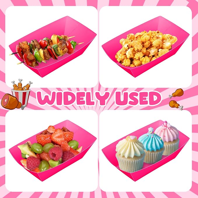 Uiifan 200 Pcs Paper Food Boats Disposable Paper Food Tray Grease Resistant Disposable Serving Tray Cardboard Hot Dog Holder for Burgers Fries Sandwiches Picnic Party (Pink) - Image 7