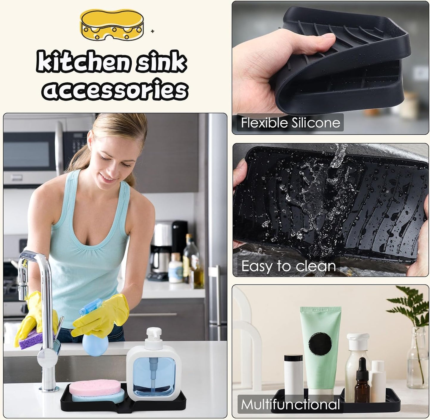YASMEN Silicone Bathroom Soap Dishes, Sink Sponge Holder for Kitchen, Rubber Soap Dish with Drain, Shower Soap Sponge Tray, Sink or Counter Organizer, for Bar Soap, Bottle, Dish Soap Dispenser-Black
